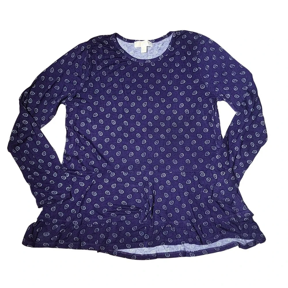 Michael‎ Kors Purple Paisley Top Long Sleeve Ruffle Hem Crew Neck Colorful XL